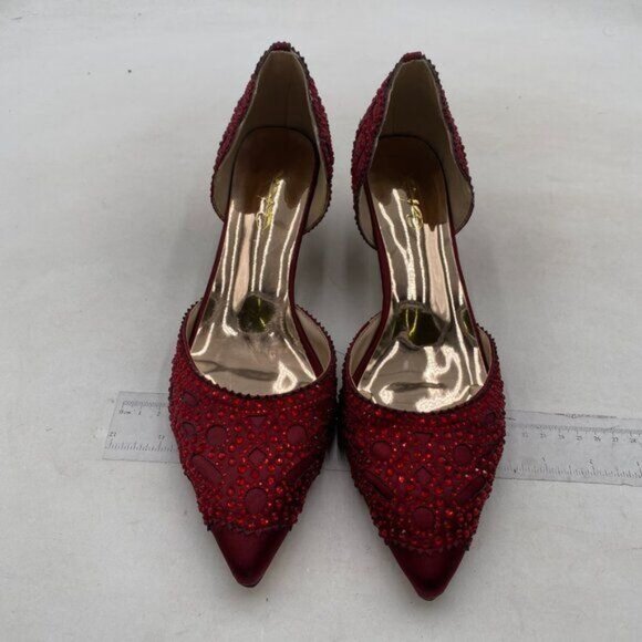 XYD Women's Pumps,  Pointed Toe, D'Orsay Kitten Low Heels, Red Rhinestone Studs - Picture 3 of 8